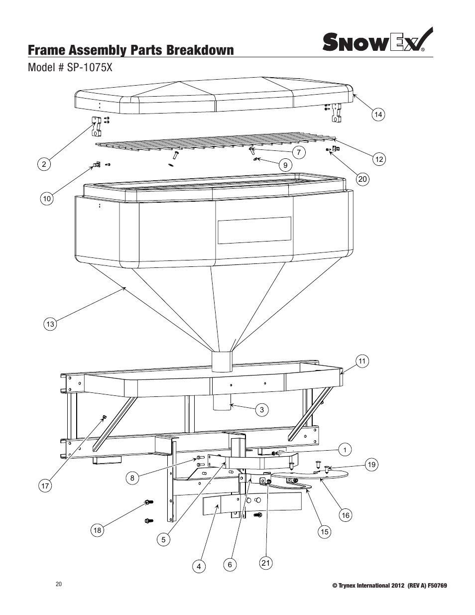 Frame assembly parts breakdown, Model # sp-1075x | SnowEx SP-1075X User Manual | Page 20 / 28