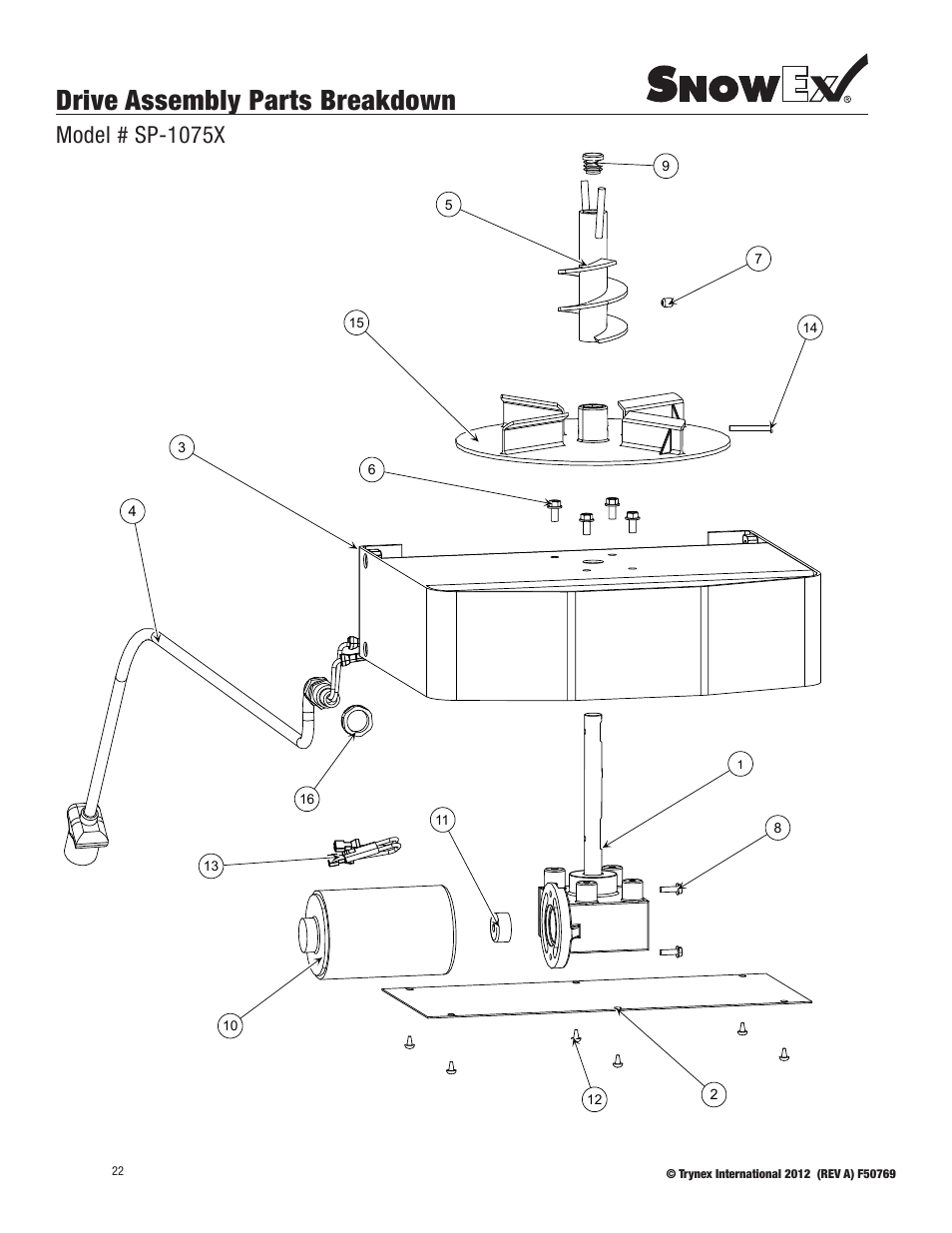 Drive assembly parts breakdown, Model # sp-1075x | SnowEx SP-1075X User Manual | Page 22 / 28
