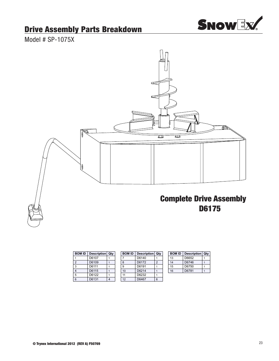 Drive assembly parts breakdown, Complete drive assembly d6175, Model # sp-1075x | SnowEx SP-1075X User Manual | Page 23 / 28