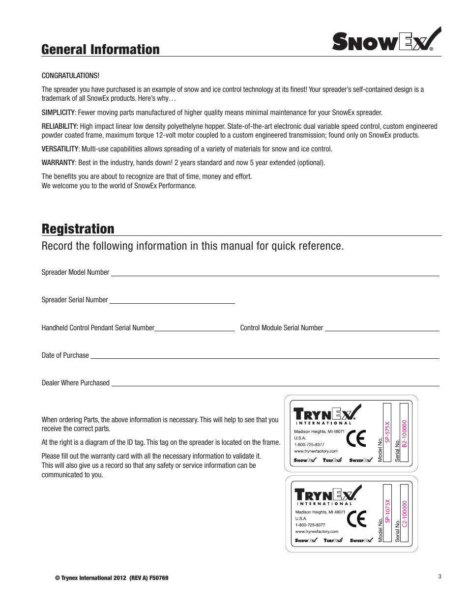 General information, Registration | SnowEx SP-1075X User Manual | Page 3 / 28