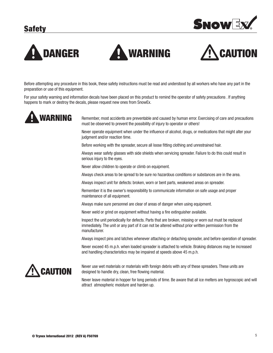 Safety | SnowEx SP-1075X User Manual | Page 5 / 28