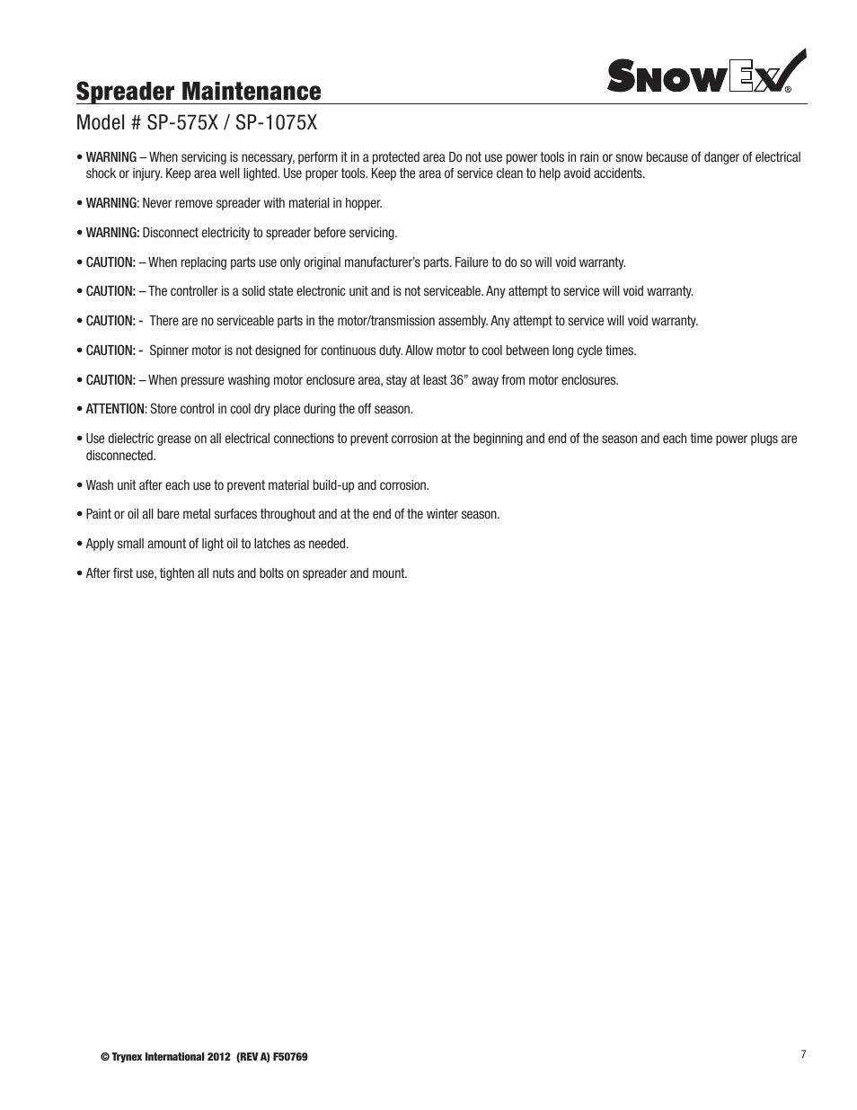 Spreader maintenance | SnowEx SP-1075X User Manual | Page 7 / 28