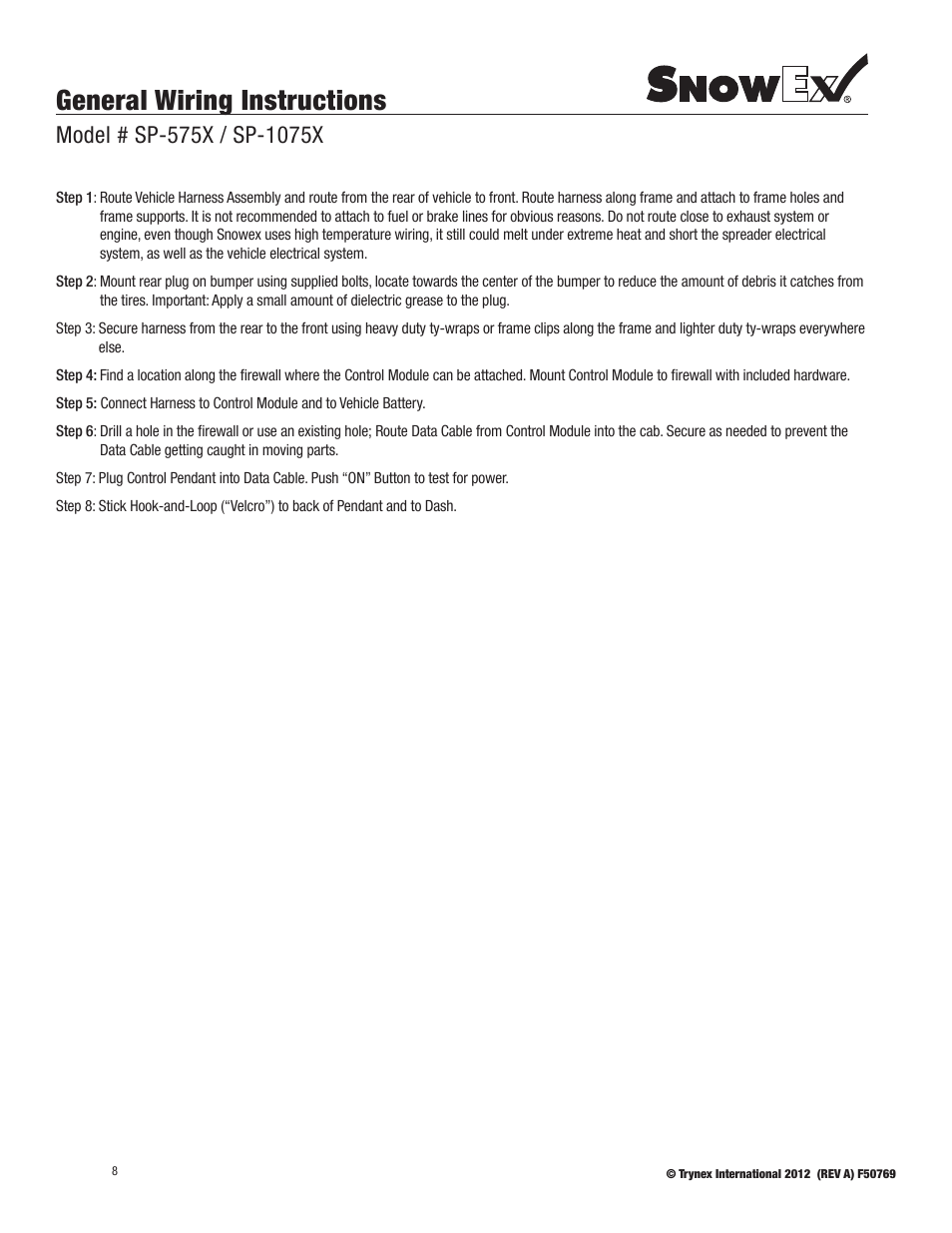 General wiring instructions | SnowEx SP-1075X User Manual | Page 8 / 28