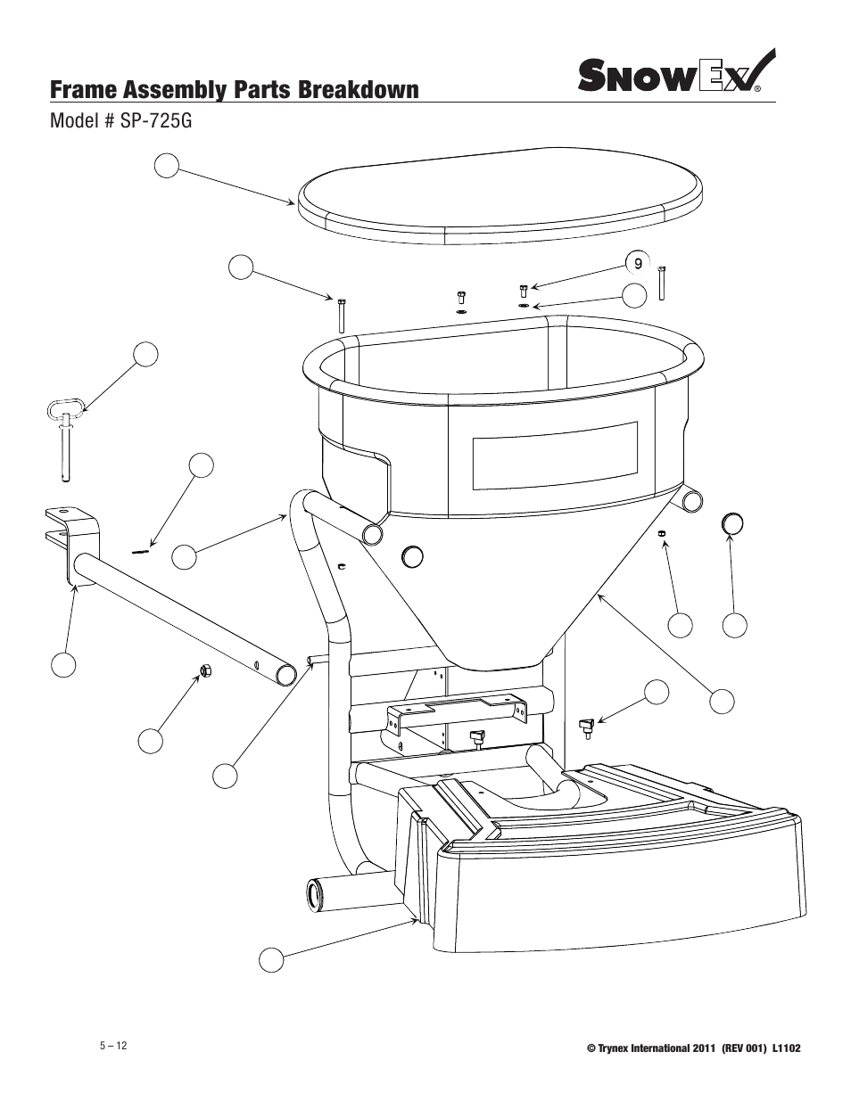 Frame assembly parts breakdown, Model # sp-725g | SnowEx SP-1225G User Manual | Page 12 / 21