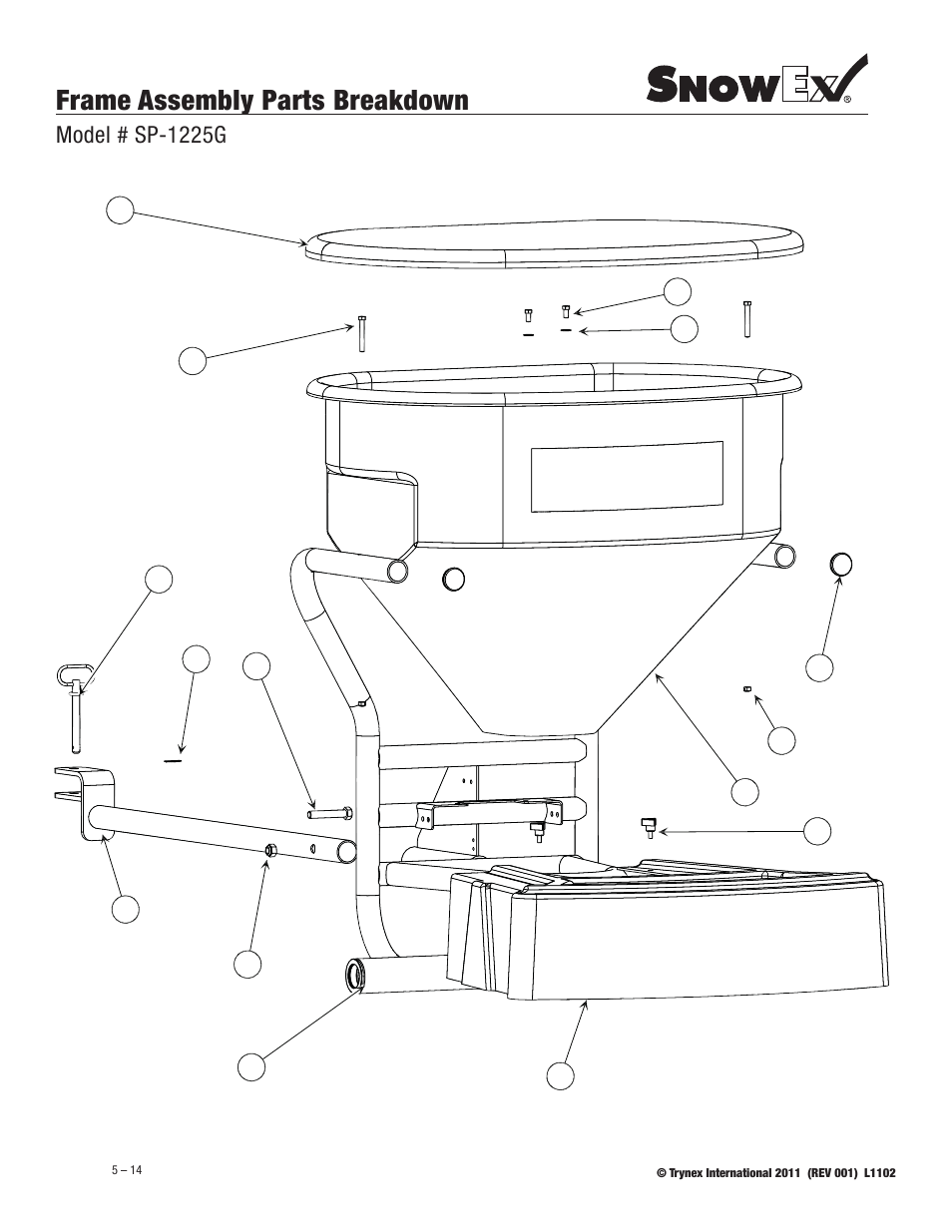 Frame assembly parts breakdown, Model # sp-1225g | SnowEx SP-1225G User Manual | Page 14 / 21