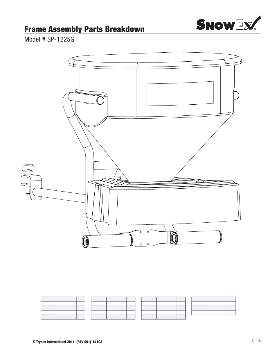 Frame assembly parts breakdown, Model # sp-1225g | SnowEx SP-1225G User Manual | Page 15 / 21