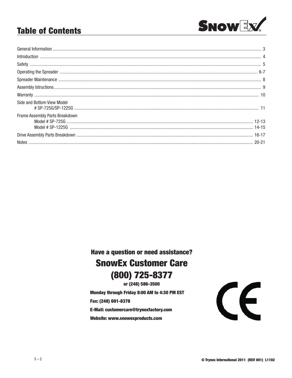 SnowEx SP-1225G User Manual | Page 2 / 21