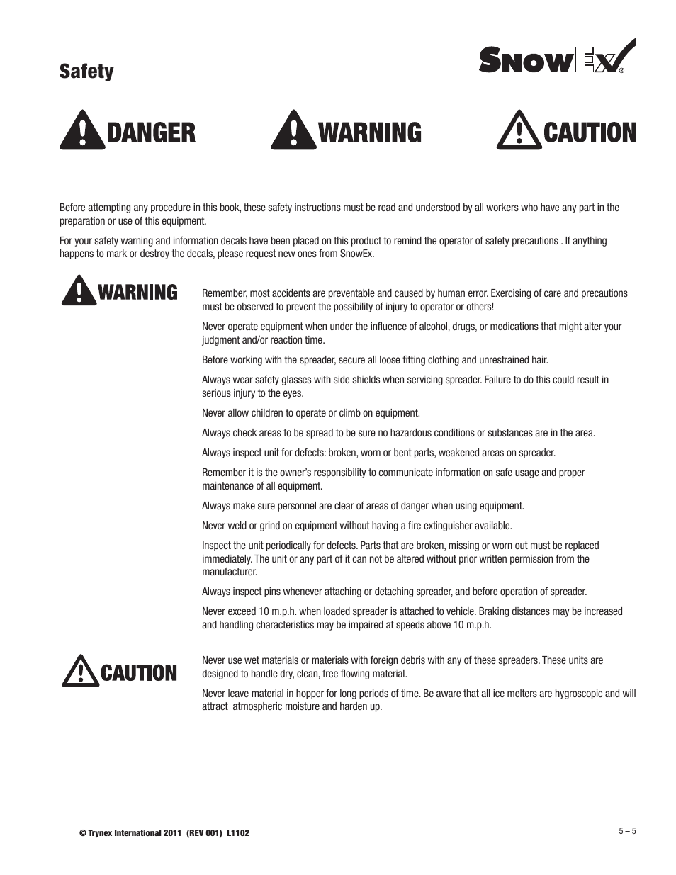 Safety | SnowEx SP-1225G User Manual | Page 5 / 21