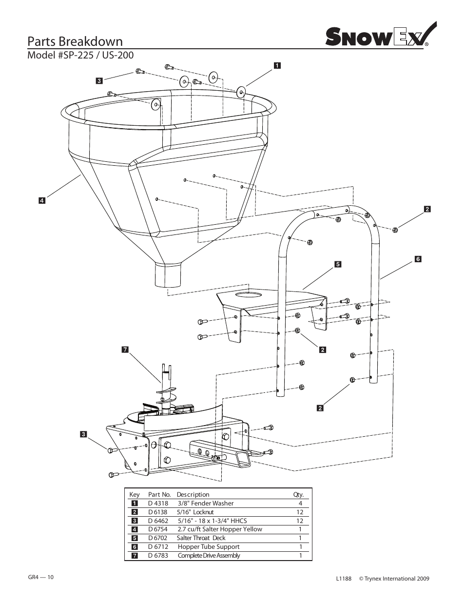 Parts breakdown | SnowEx SP-225 / US-200 User Manual | Page 10 / 27