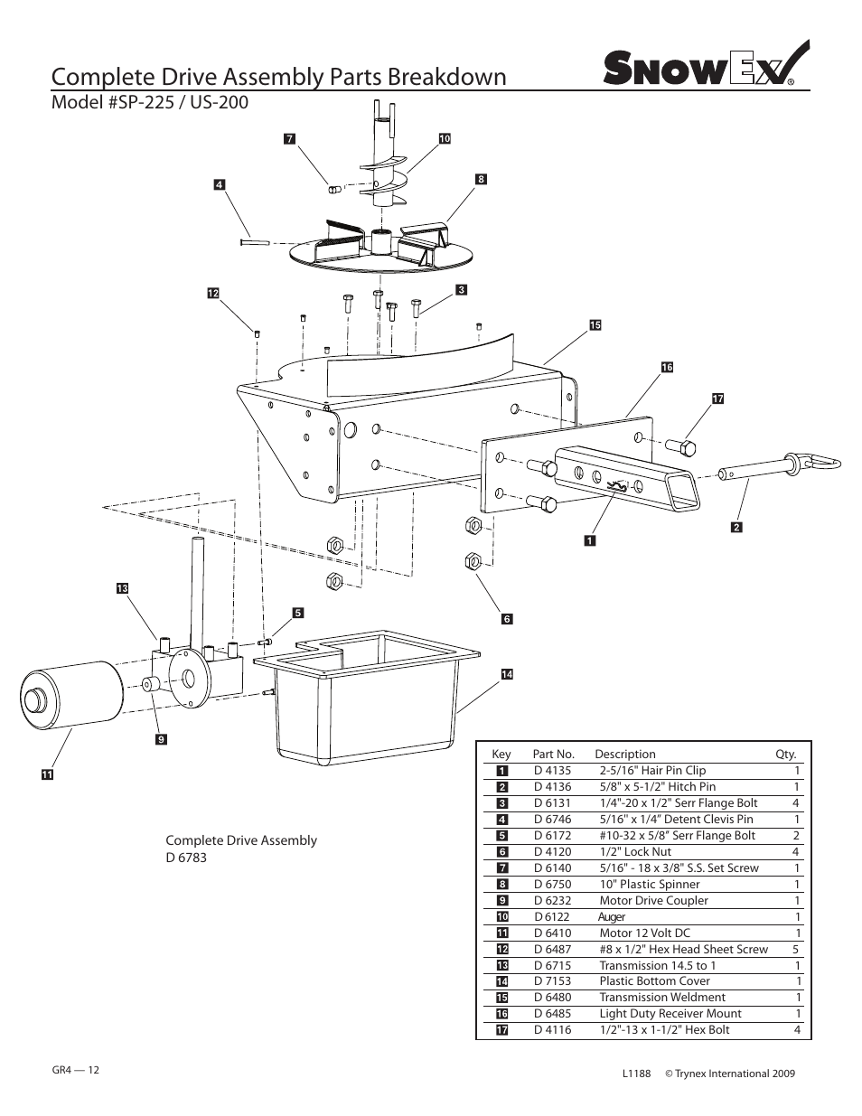 Complete drive assembly parts breakdown | SnowEx SP-225 / US-200 User Manual | Page 12 / 27