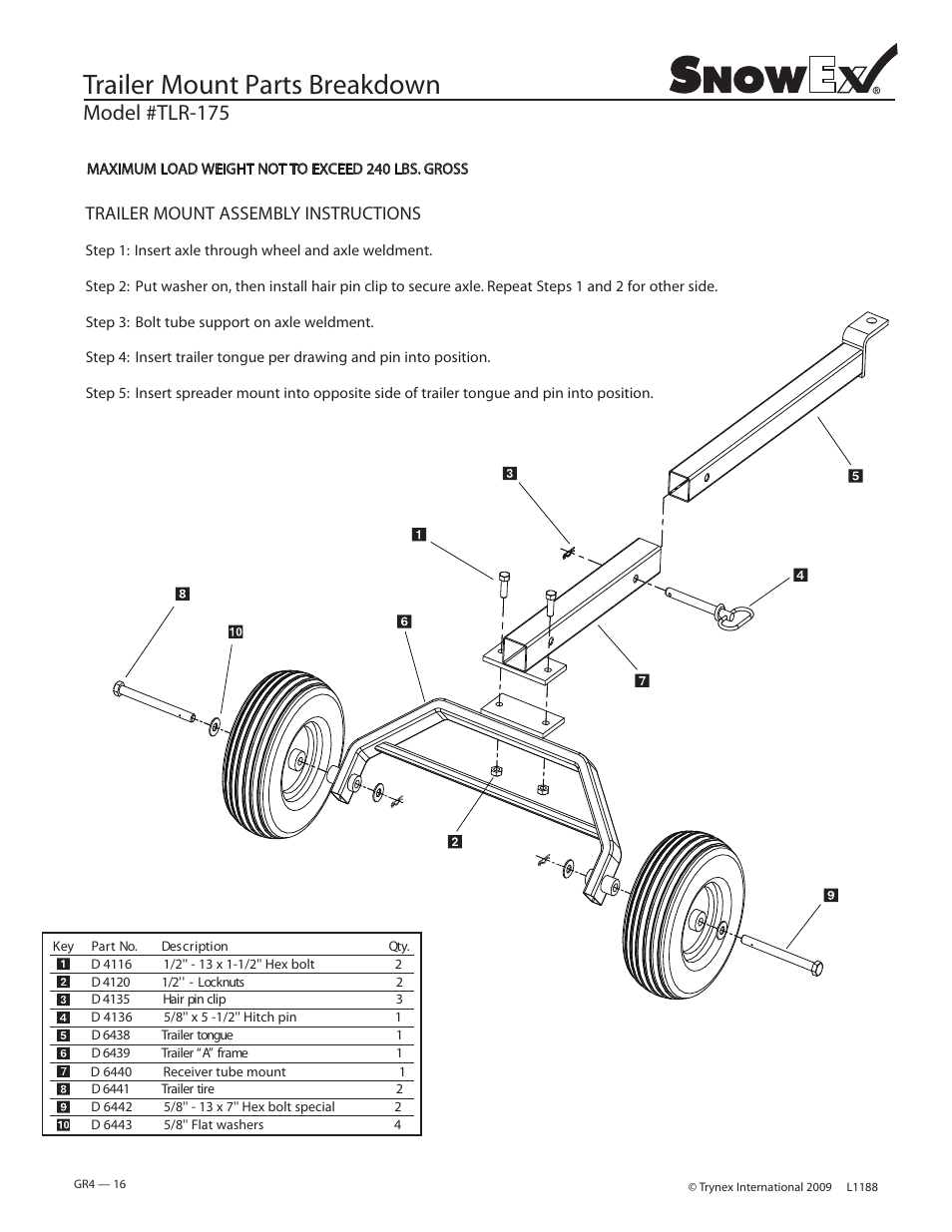 Trailer mount parts breakdown, Model #tlr-175, Trailer mount assembly instructions | SnowEx SP-225 / US-200 User Manual | Page 16 / 27