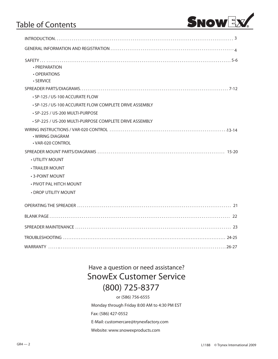 SnowEx SP-225 / US-200 User Manual | Page 2 / 27