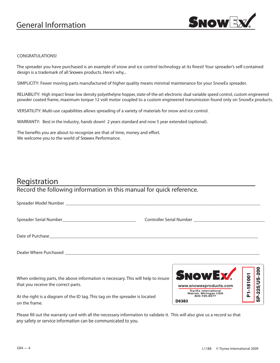 General information, Registration | SnowEx SP-225 / US-200 User Manual | Page 4 / 27