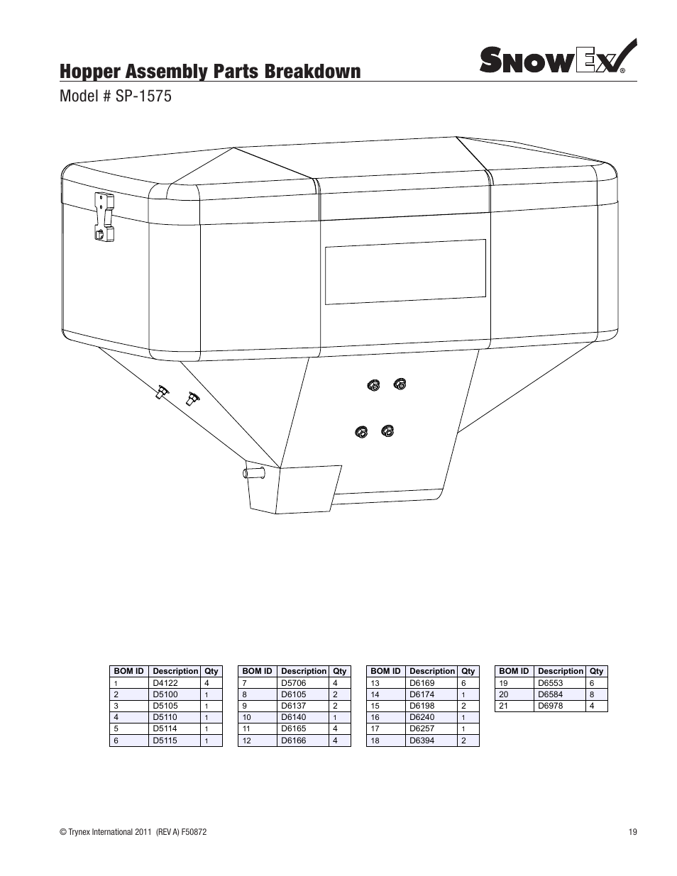 Hopper assembly parts breakdown, Model # sp-1575 | SnowEx SP-1875 User Manual | Page 19 / 32