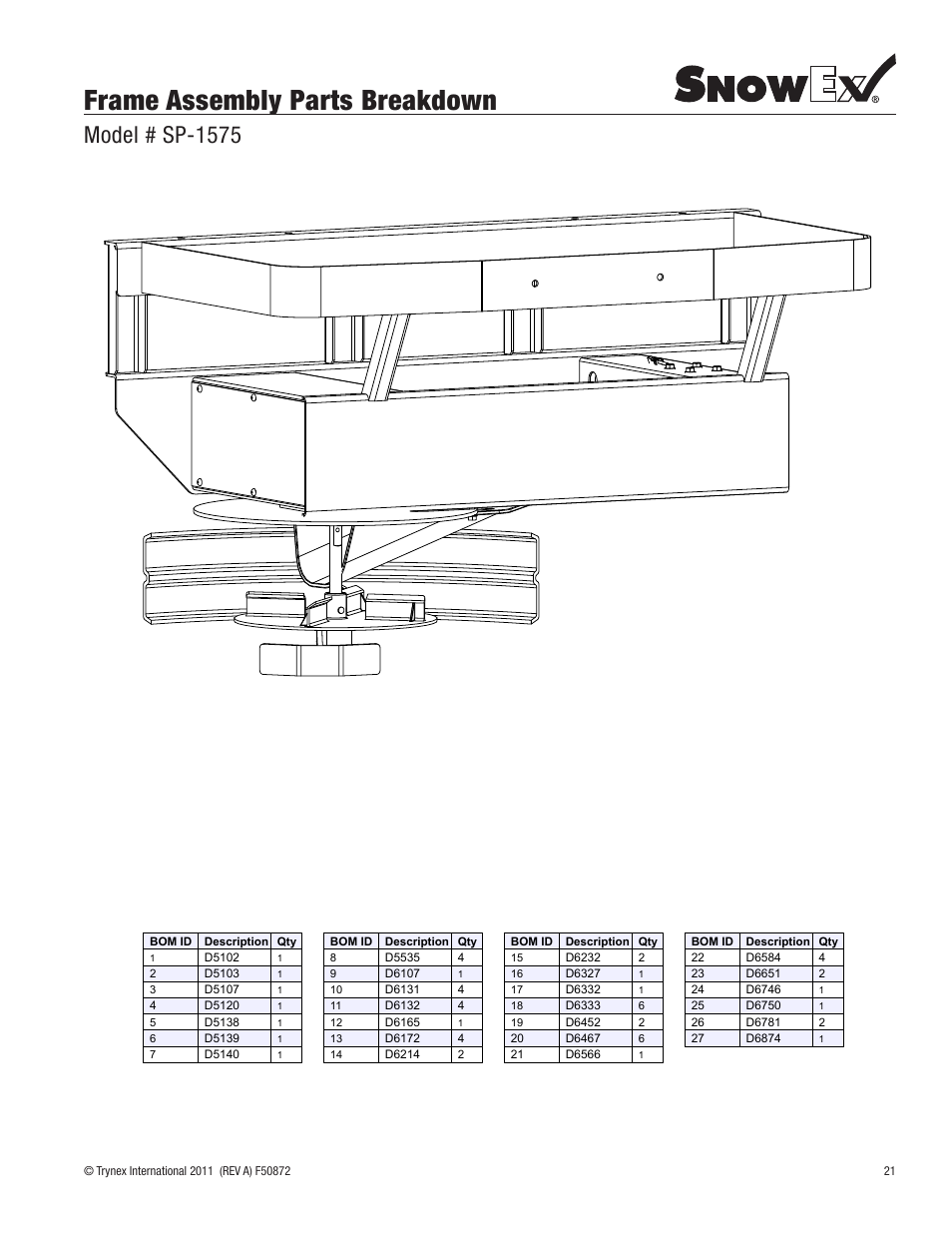 Frame assembly parts breakdown, Model # sp-1575 | SnowEx SP-1875 User Manual | Page 21 / 32