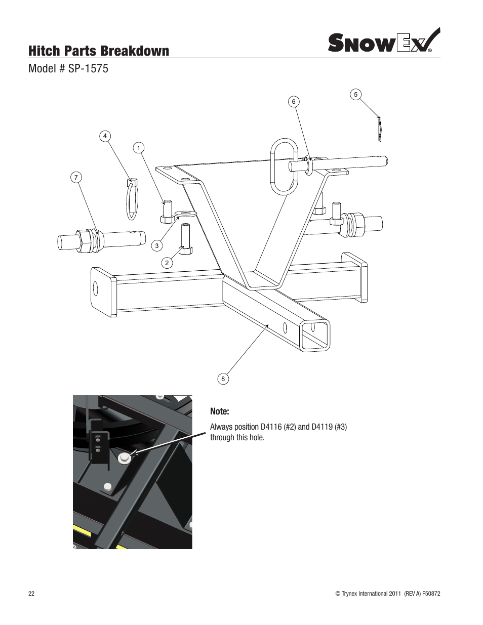 Hitch parts breakdown, Model # sp-1575 | SnowEx SP-1875 User Manual | Page 22 / 32