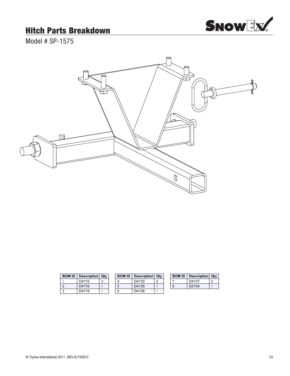 Hitch parts breakdown, Model # sp-1575 | SnowEx SP-1875 User Manual | Page 23 / 32