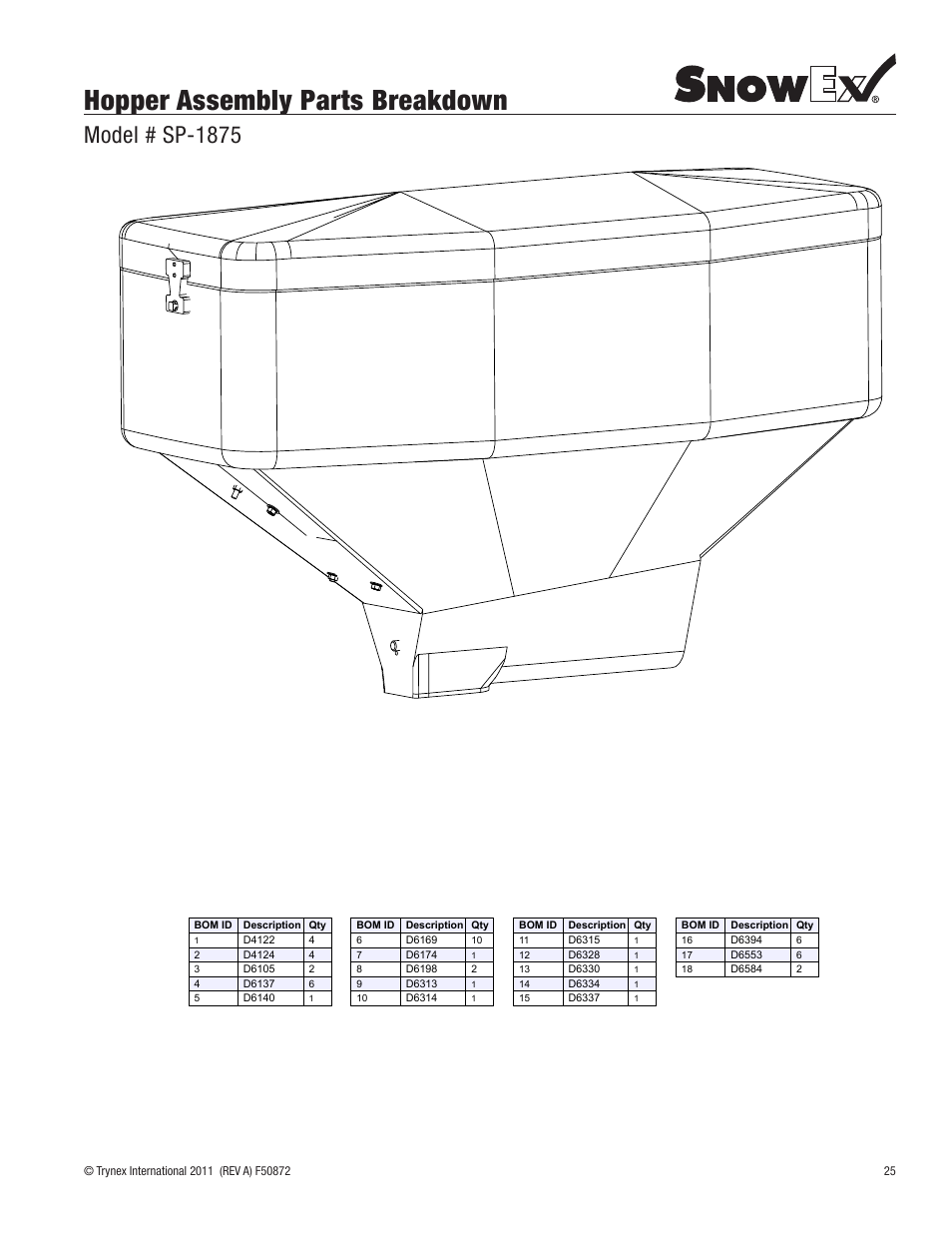Hopper assembly parts breakdown, Model # sp-1875 | SnowEx SP-1875 User Manual | Page 25 / 32