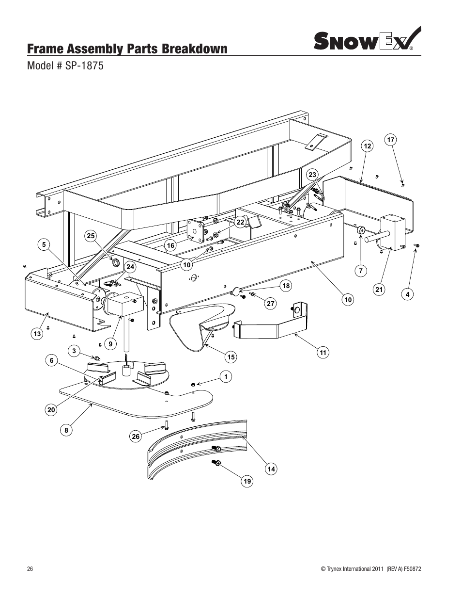 Frame assembly parts breakdown, Model # sp-1875 | SnowEx SP-1875 User Manual | Page 26 / 32