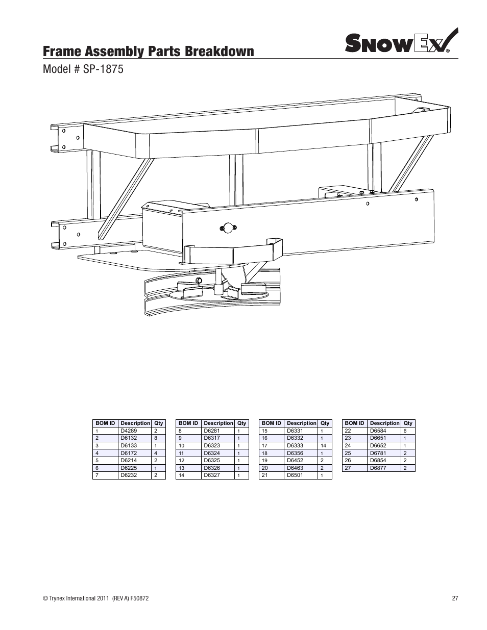 Frame assembly parts breakdown, Model # sp-1875 | SnowEx SP-1875 User Manual | Page 27 / 32