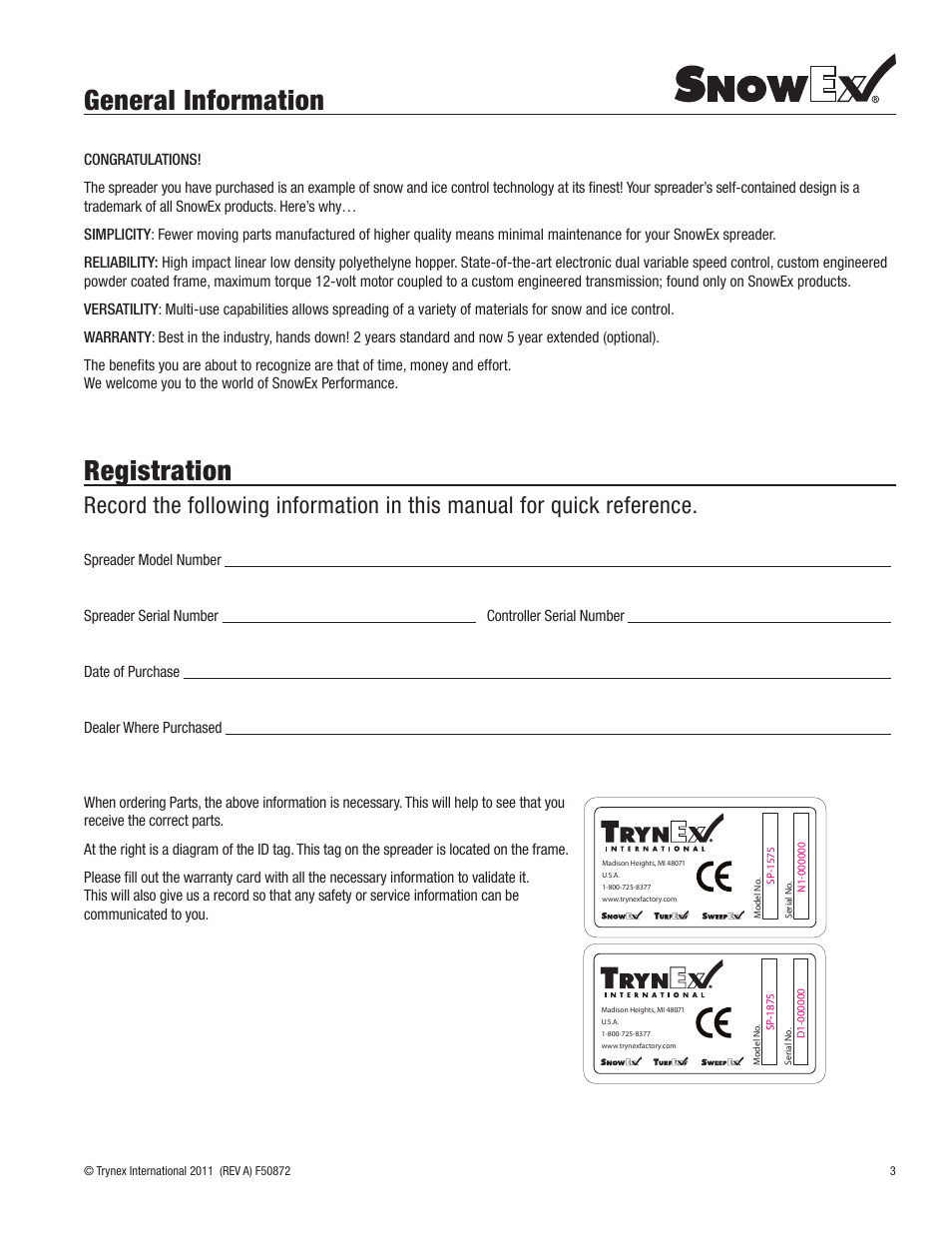 General information, Registration | SnowEx SP-1875 User Manual | Page 3 / 32