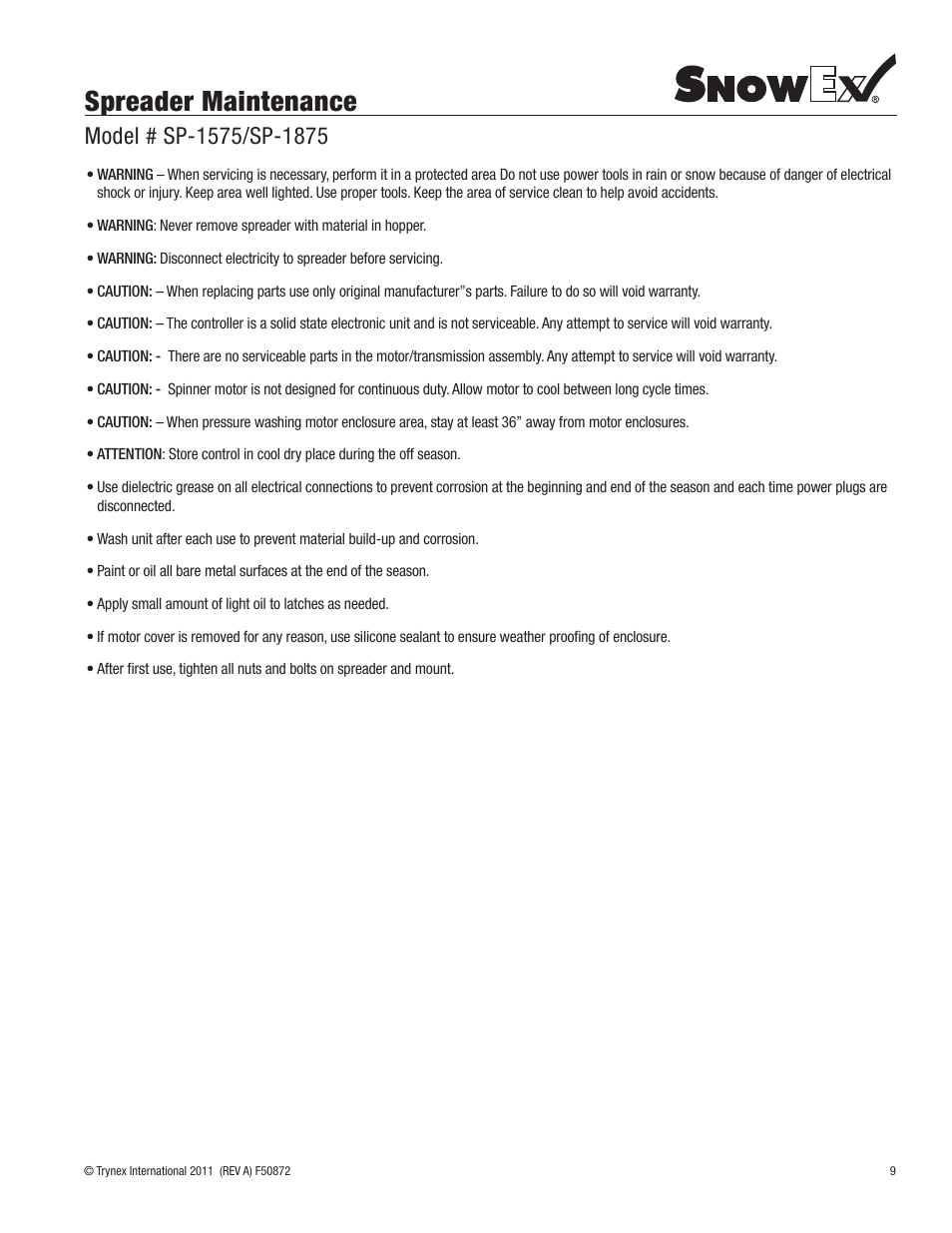 Spreader maintenance | SnowEx SP-1875 User Manual | Page 9 / 32
