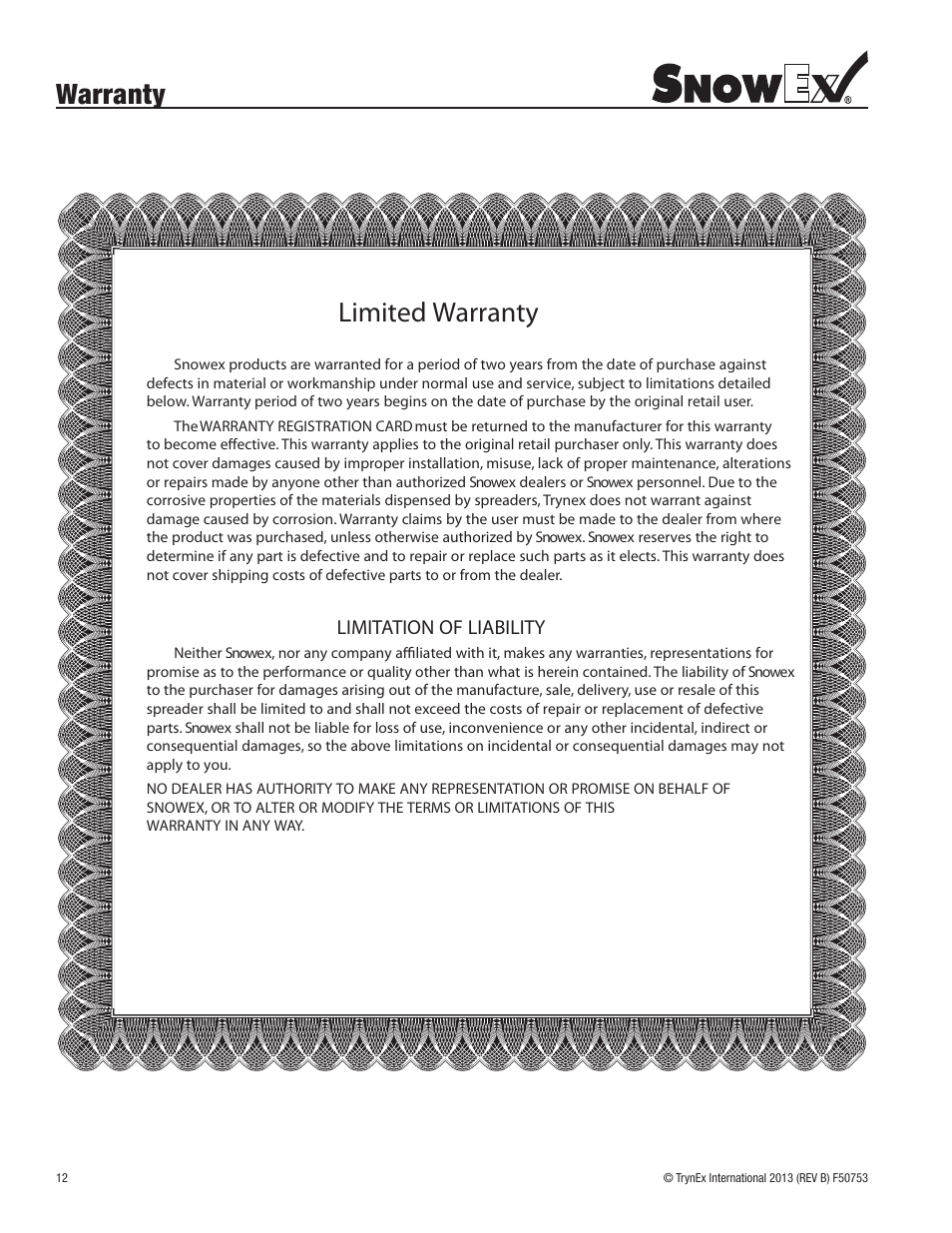 Warranty, Limited warranty, Limitation of liability | SnowEx SP-65 User Manual | Page 12 / 24