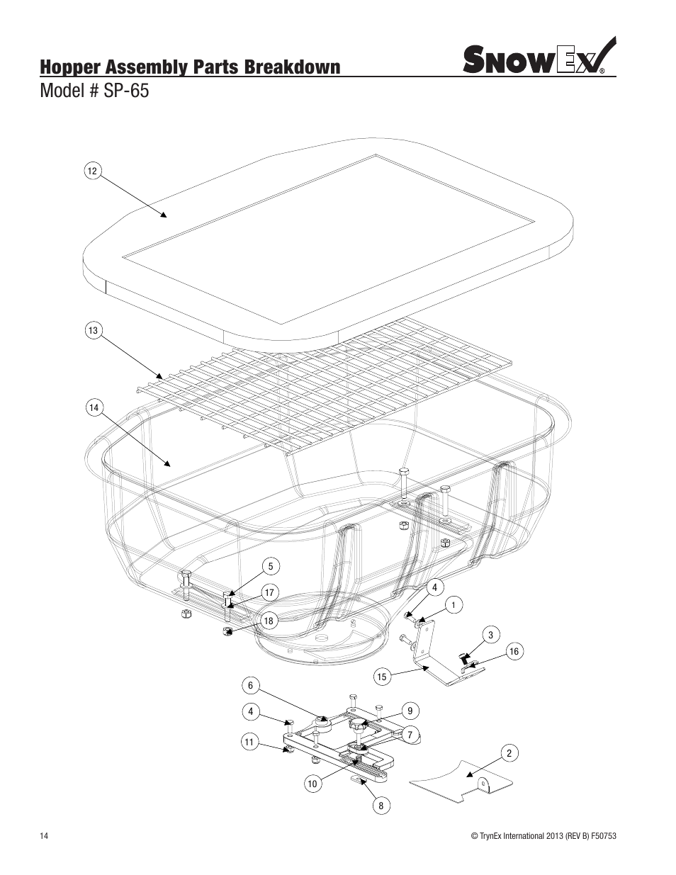 Hopper assembly parts breakdown model # sp-65 | SnowEx SP-65 User Manual | Page 14 / 24