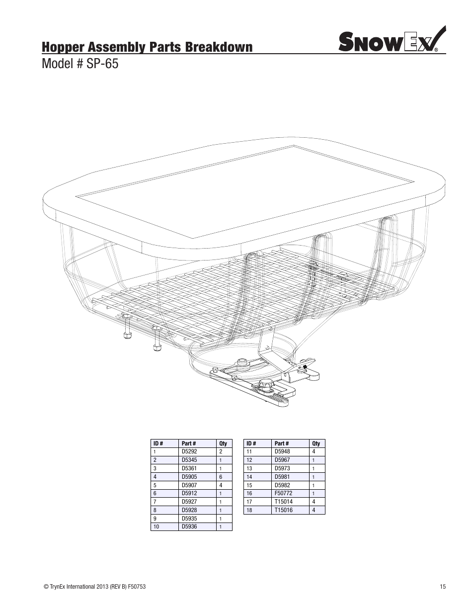 Hopper assembly parts breakdown model # sp-65 | SnowEx SP-65 User Manual | Page 15 / 24