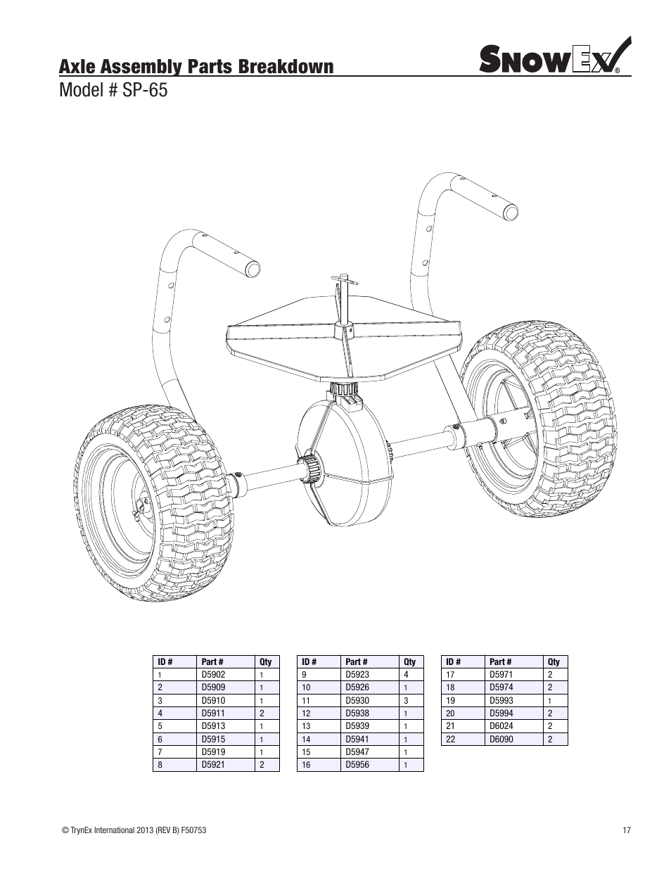 Axle assembly parts breakdown model # sp-65 | SnowEx SP-65 User Manual | Page 17 / 24