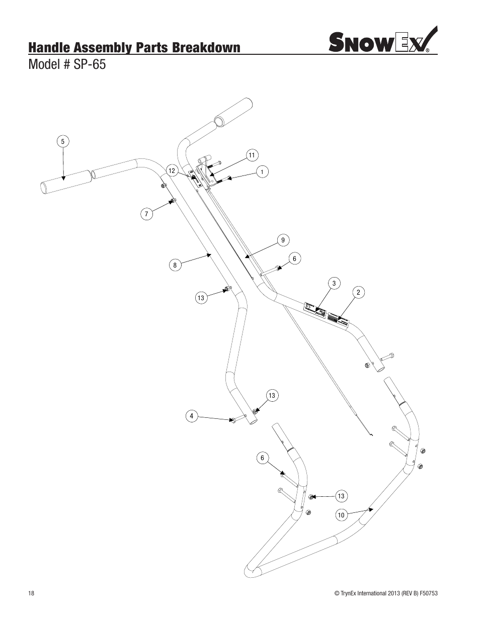 Handle assembly parts breakdown model # sp-65 | SnowEx SP-65 User Manual | Page 18 / 24