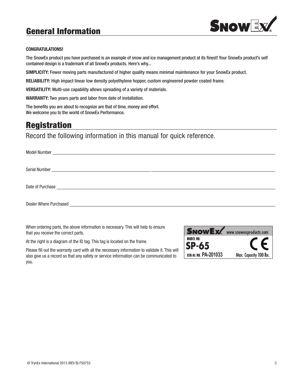 General information, Registration | SnowEx SP-65 User Manual | Page 3 / 24