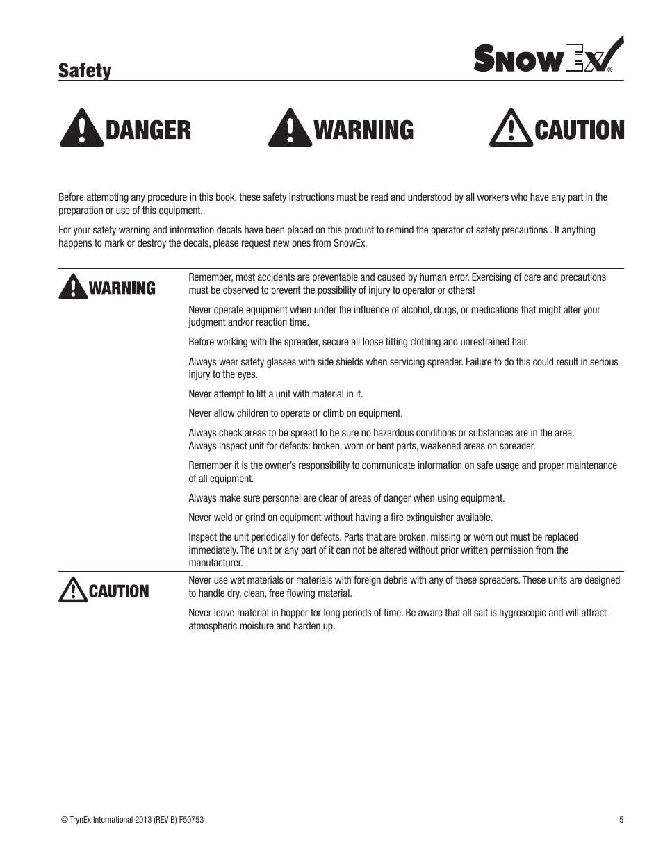 Safety | SnowEx SP-65 User Manual | Page 5 / 24