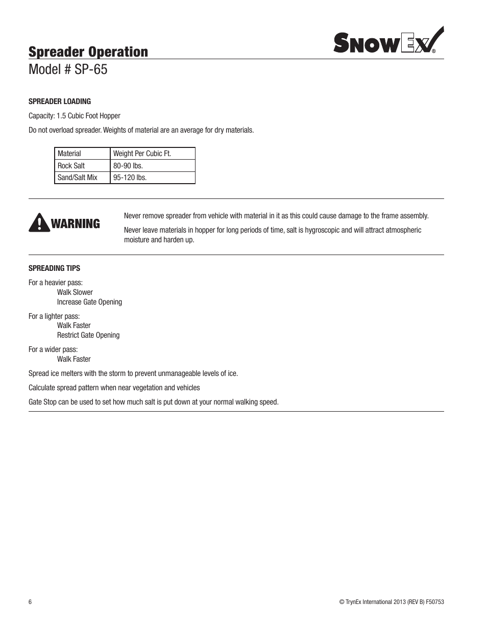 Spreader operation model # sp-65 | SnowEx SP-65 User Manual | Page 6 / 24