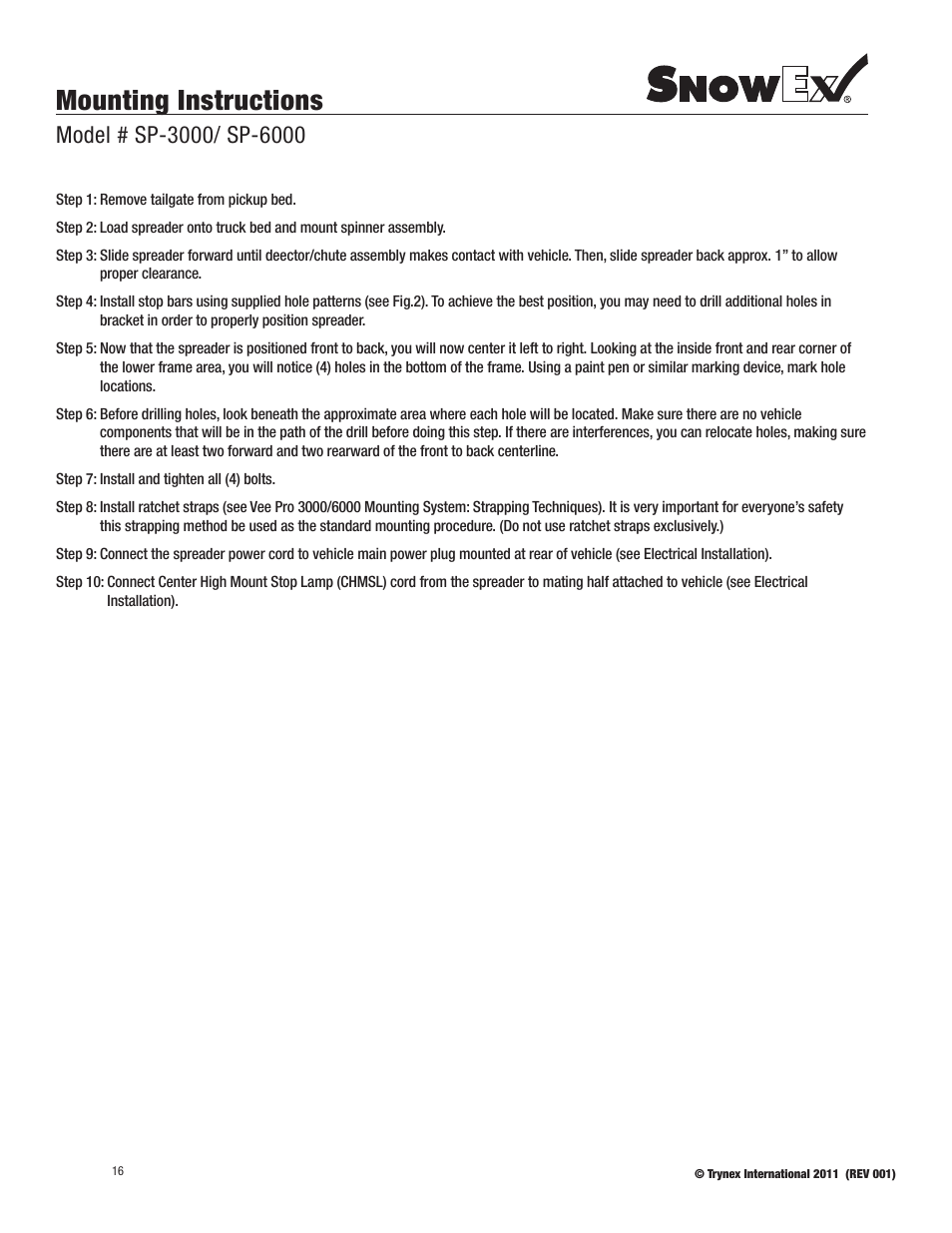 Mounting instructions | SnowEx SP-6000 User Manual | Page 16 / 31