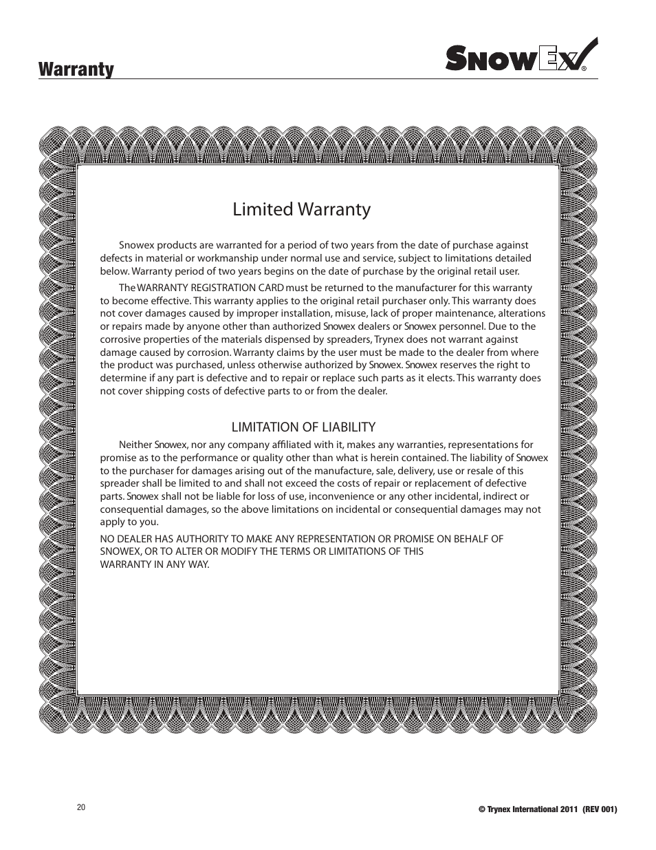 Warranty, Warranty limited warranty, Limitation of liability | SnowEx SP-6000 User Manual | Page 20 / 31