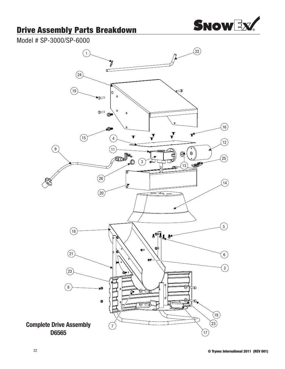 Drive assembly parts breakdown, Complete drive assembly d6565 | SnowEx SP-6000 User Manual | Page 22 / 31