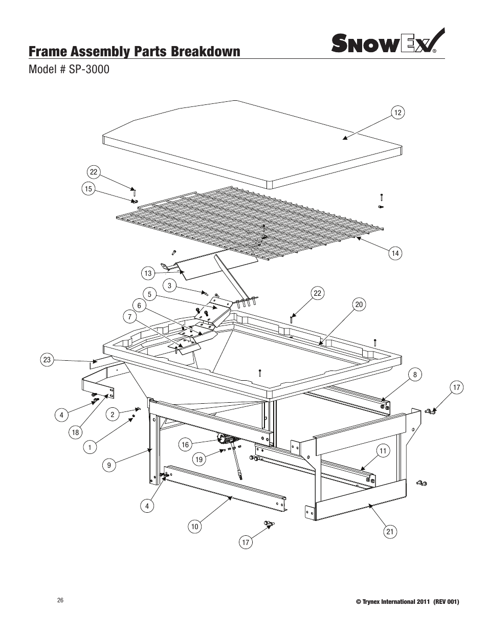 Frame assembly parts breakdown, Model # sp-3000 | SnowEx SP-6000 User Manual | Page 26 / 31