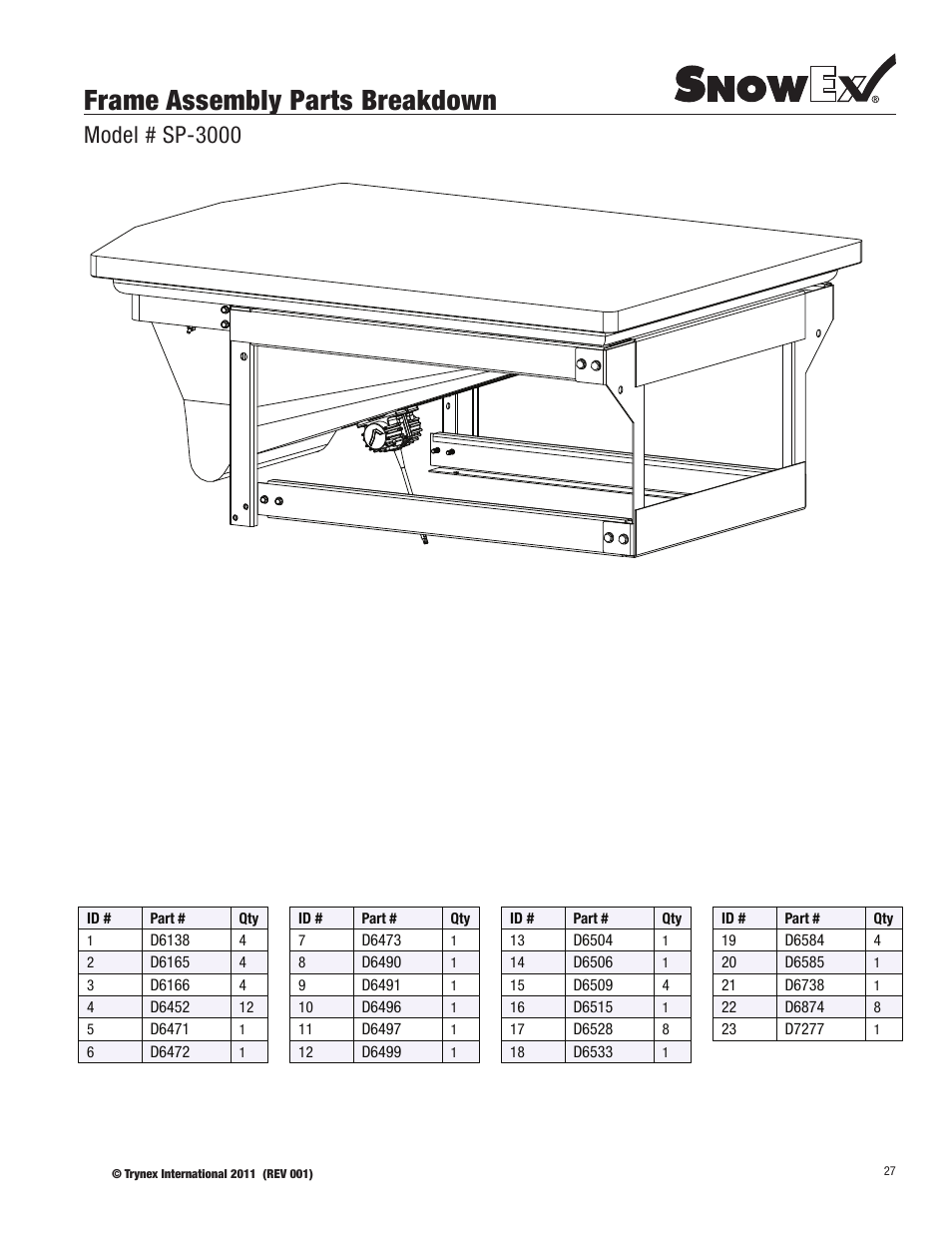 Frame assembly parts breakdown, Model # sp-3000 | SnowEx SP-6000 User Manual | Page 27 / 31