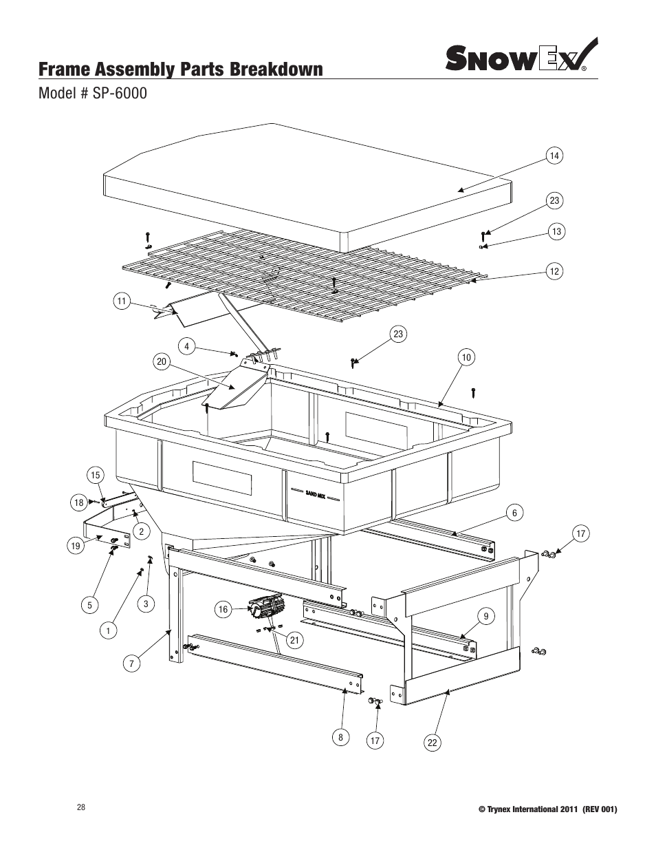 Frame assembly parts breakdown, Model # sp-6000 | SnowEx SP-6000 User Manual | Page 28 / 31