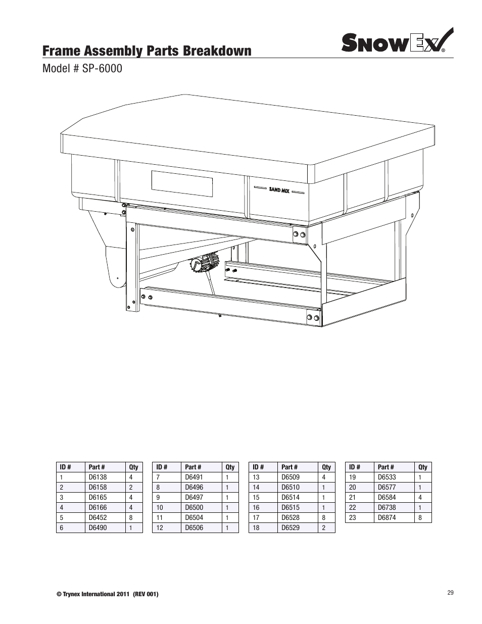 Frame assembly parts breakdown, Model # sp-6000 | SnowEx SP-6000 User Manual | Page 29 / 31