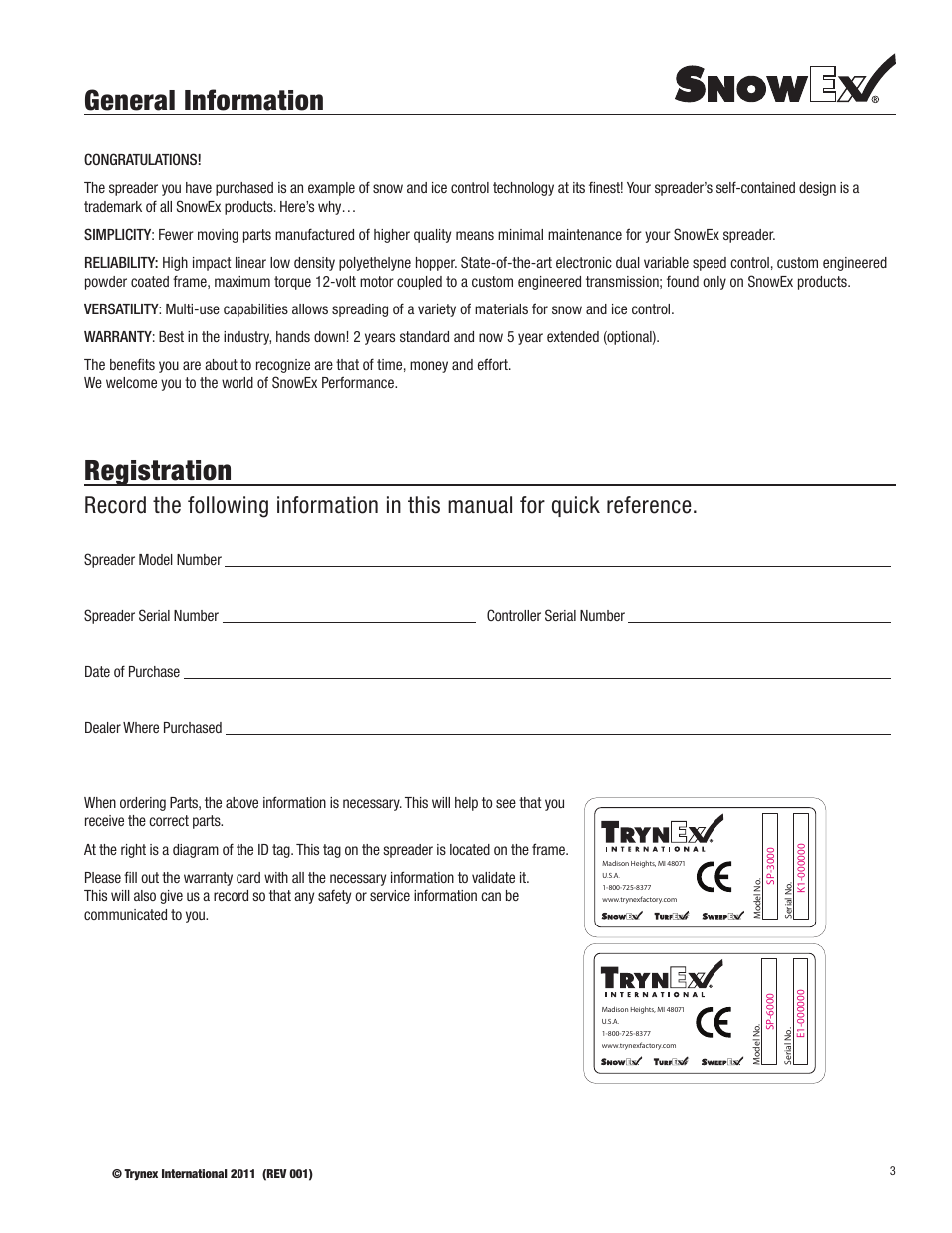 General information, Registration | SnowEx SP-6000 User Manual | Page 3 / 31