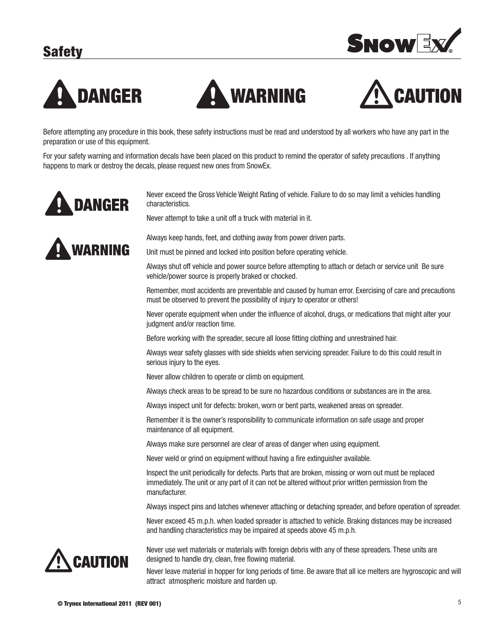 Safety | SnowEx SP-6000 User Manual | Page 5 / 31