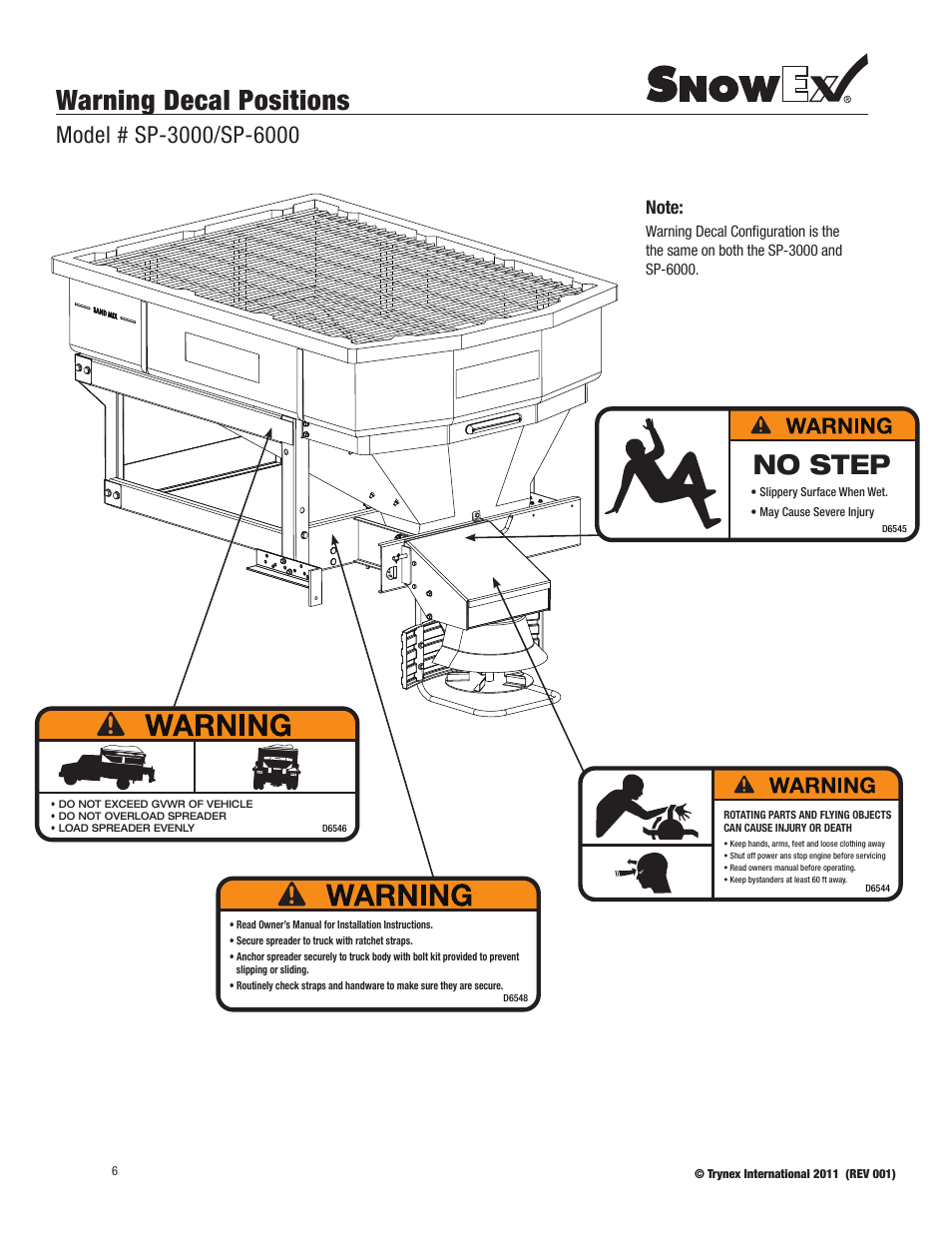 Warning decal positions, No step | SnowEx SP-6000 User Manual | Page 6 / 31