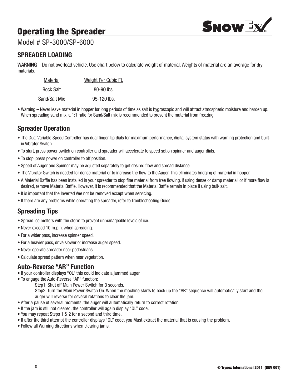 Operating the spreader, Spreader loading, Spreader operation | Spreading tips, Auto-reverse “ar” function | SnowEx SP-6000 User Manual | Page 8 / 31