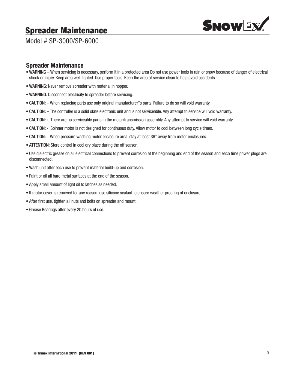 Spreader maintenance | SnowEx SP-6000 User Manual | Page 9 / 31