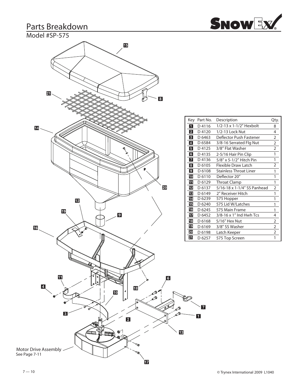 Parts breakdown, Model #sp-575 | SnowEx Junior 325 User Manual | Page 10 / 51