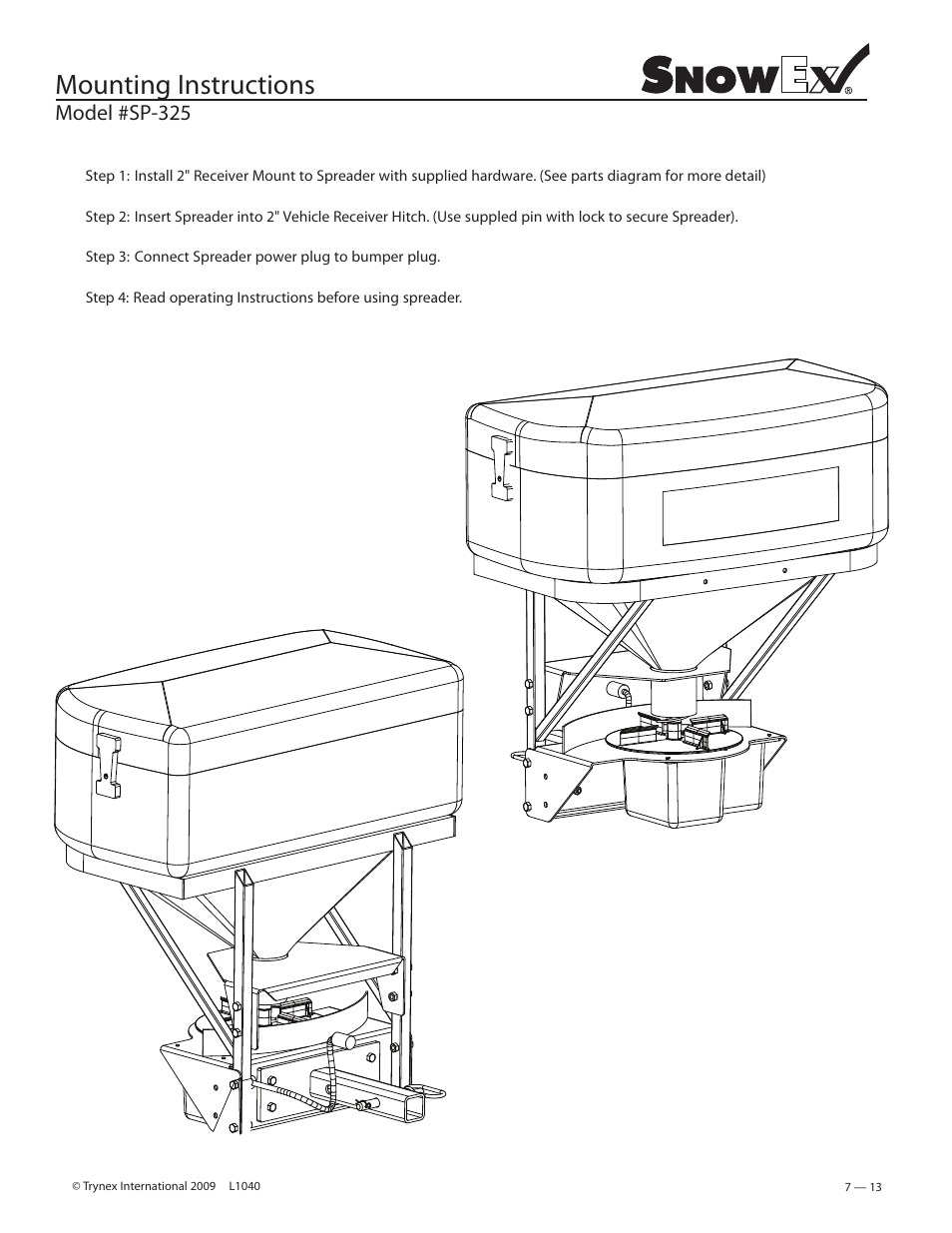 Mounting instructions, Model #sp-325 | SnowEx Junior 325 User Manual | Page 13 / 51
