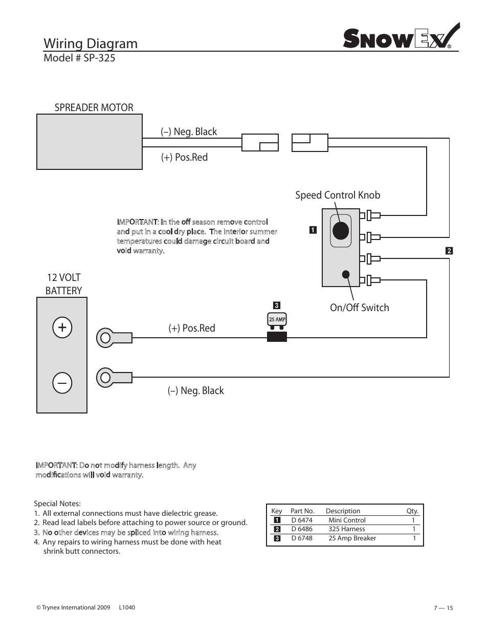 Wiring diagram, Model # sp-325 | SnowEx Junior 325 User Manual | Page 15 / 51