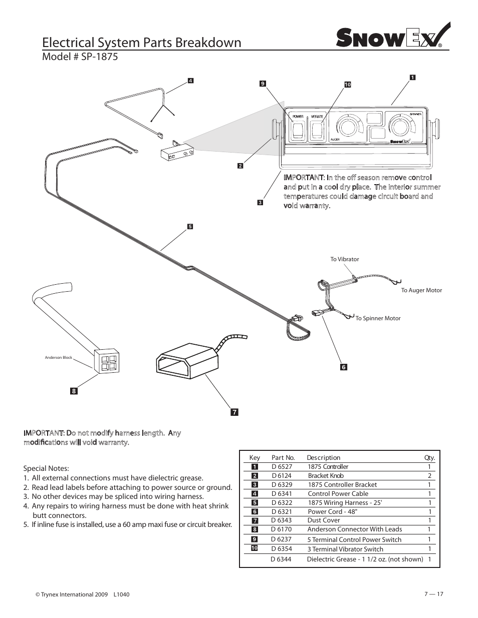 Electrical system parts breakdown, Model # sp-1875 | SnowEx Junior 325 User Manual | Page 17 / 51